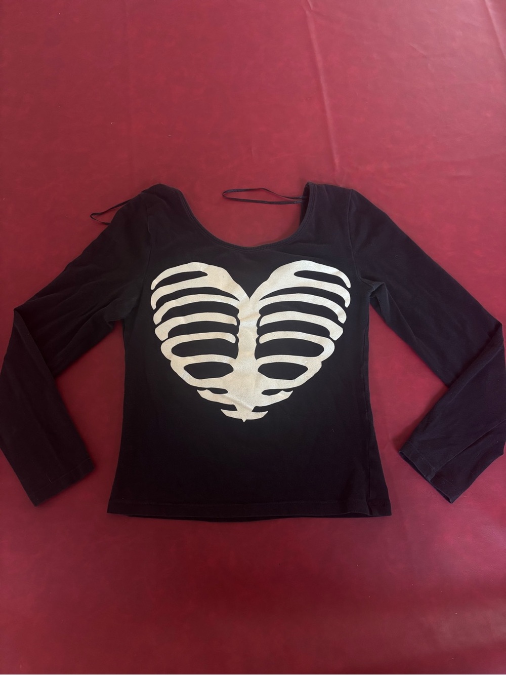 Black Long-Sleeve Top with White Ribcage Heart Graphic